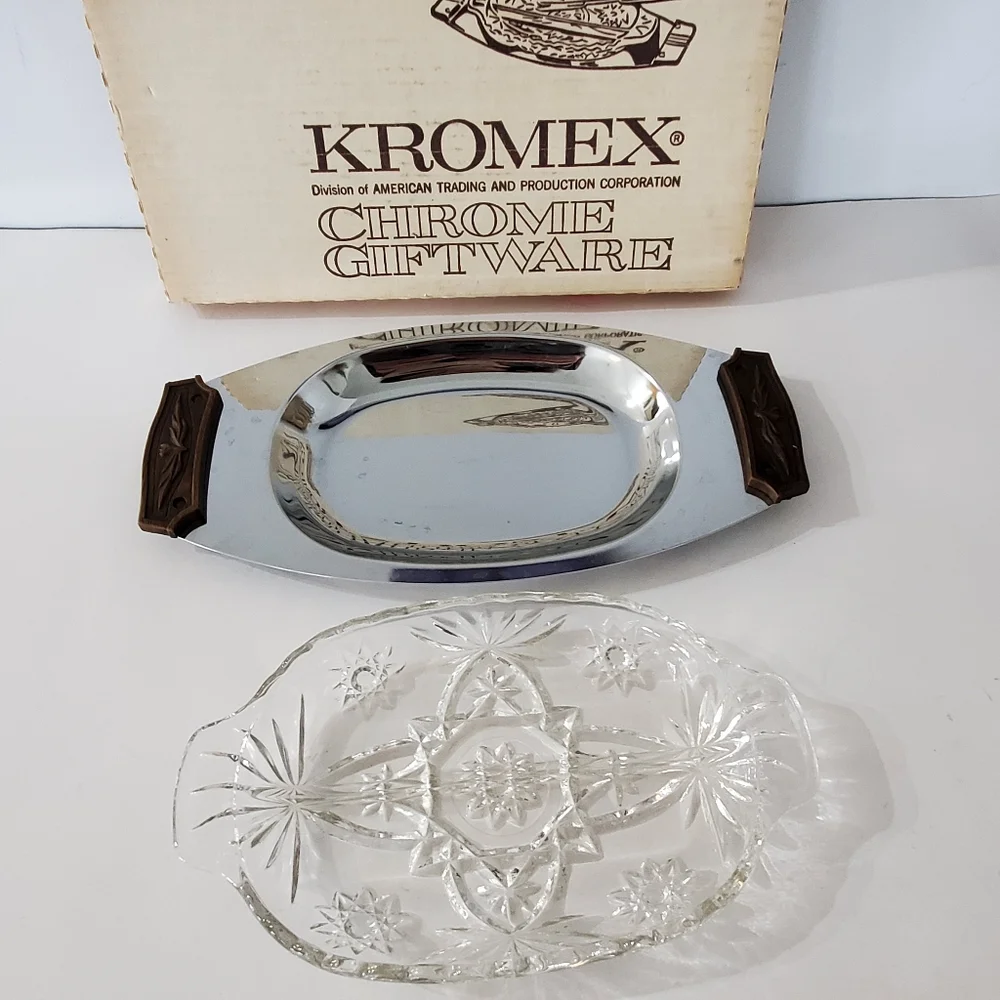 VTG Kromex Relish Server #044-21 Tray w/Glass Insert In Original Box MCM 60s EUC